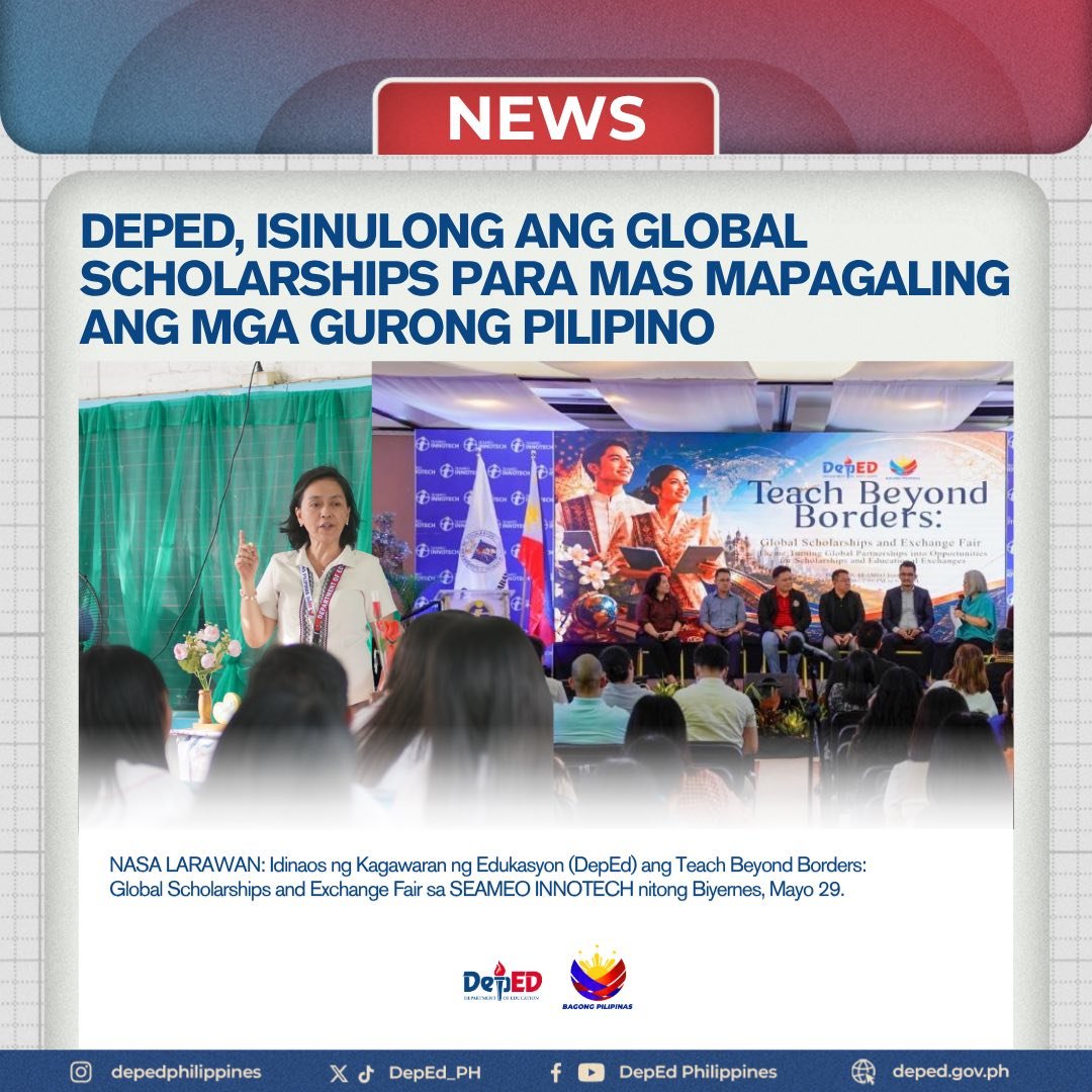 DepEd_PH's tweet photo. Binigyang-diin ni Education Secretary Sonny Angara na ang mga pandaigdigang training at scholarship ay mahahalagang pamumuhunan sa sistema ng edukasyon sa bansa. 

Ayon kay Angara, napakahalaga na mabigyan ng karanasan sa ibang bansa ang mga guro sa pampublikong paaralan upang mas mapataas pa ang kalidad ng kanilang pagtuturo.  

Basahin: https://t.co/ovbu5ggYDs

#DepEdPhilippines #BagongPilipinas
