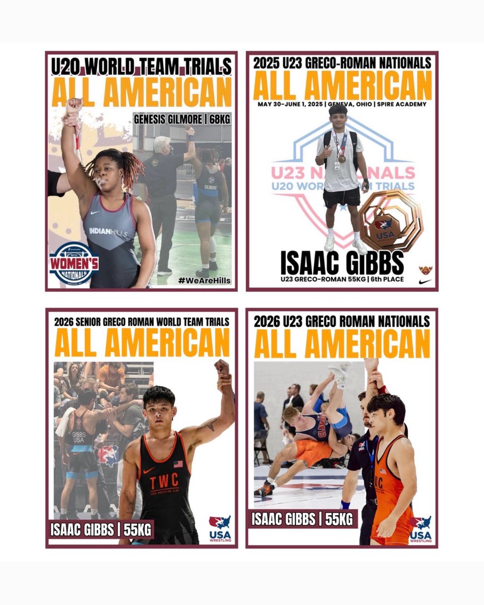 IHCCWrestling's tweet photo. USA Wrestling Age Level Nationals / World Team Trials All Americans 🛑

𝗚𝗘𝗡𝗘𝗦𝗜𝗦 𝗚𝗜𝗟𝗠𝗢𝗥𝗘
> U20 Womens FS World Team Trials AA

𝗜𝗦𝗔𝗔𝗖 𝗚𝗜𝗕𝗕𝗦
> 2x U23 Greco Roman Nationals AA
> 1x Sr Greco Roman World Team Trials AA

#WarriorNation | #WeAreHills https://t.co/mNFUR8jAQx