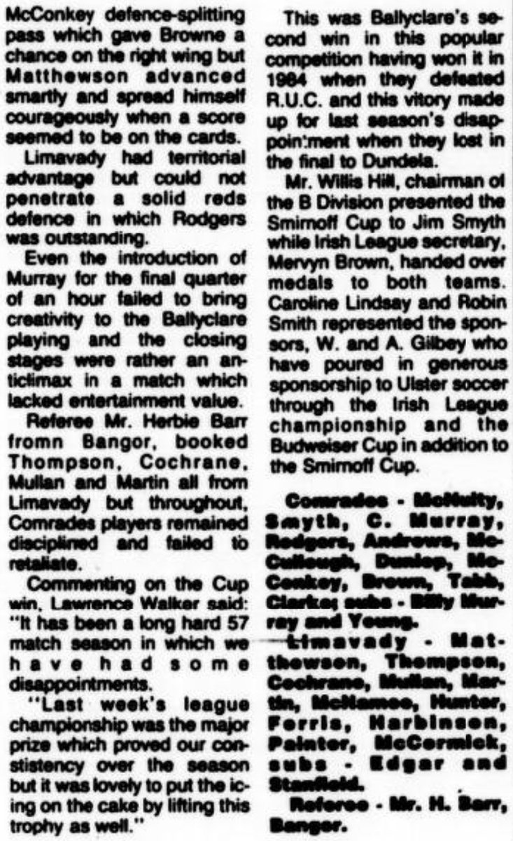 BclarComHistory's tweet photo. On this day in 1989, we beat
Limavady United 1-0 at Allen Park in the Smirnoff Cup final to win our second trophy of the season, a week after winning the B Division championship 

Buster Andrews scored in the 18th minute, heading home a Gary McCullough corner https://t.co/riRBYucbZl