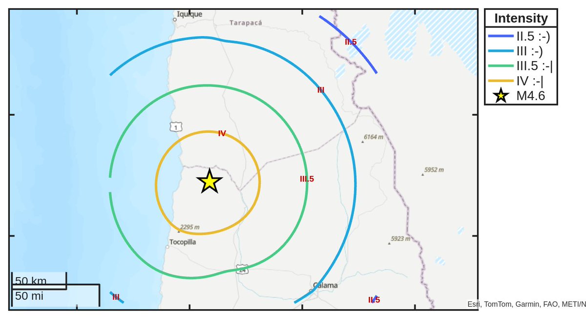 SismoDetector's tweet photo. Mapa de intensidad del #sismo M4.6 ocurrido a las 05:48:48 (UTC) con epicentro a 65 km de #Lagunas, Chile. Descarga la app Sismo Detector desde https://t.co/jS9crK4Riw para recibir alertas en tiempo real en tu smartphone https://t.co/ZWDFb5buAy