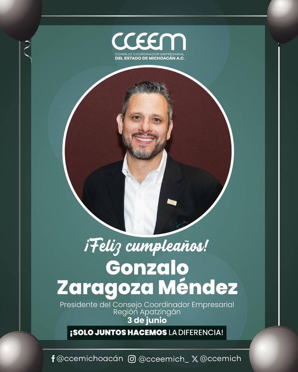 cceemich's tweet photo. 🎂 Extendemos una cordial felicitación a Gonzalo Zaragoza Méndez, Presidente del Consejo Coordinador Empresarial Región Apatzingán, por su cumpleaños.
Reconocemos su trabajo en favor del sector empresarial y del desarrollo regional. 👏🏼
#JuntosHacemosLaDiferencia🤝🏼 https://t.co/zbmPuV005o