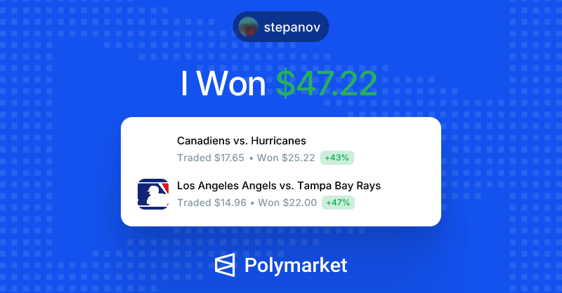 dmitriystepanof's tweet photo. I just won $47.22 on @Polymarket!

Join me and put your money where your mouth is: https://t.co/wSzB0dO0ds https://t.co/nYp2JoWnxZ