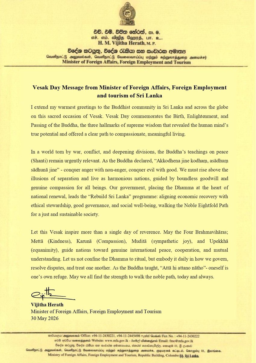 SLinBahrain's tweet photo. Vesak Day Message of Hon Minister of Foreign Affairs, Foreign Employment and Tourism Sri Lanka https://t.co/Ueuiu2fZX3