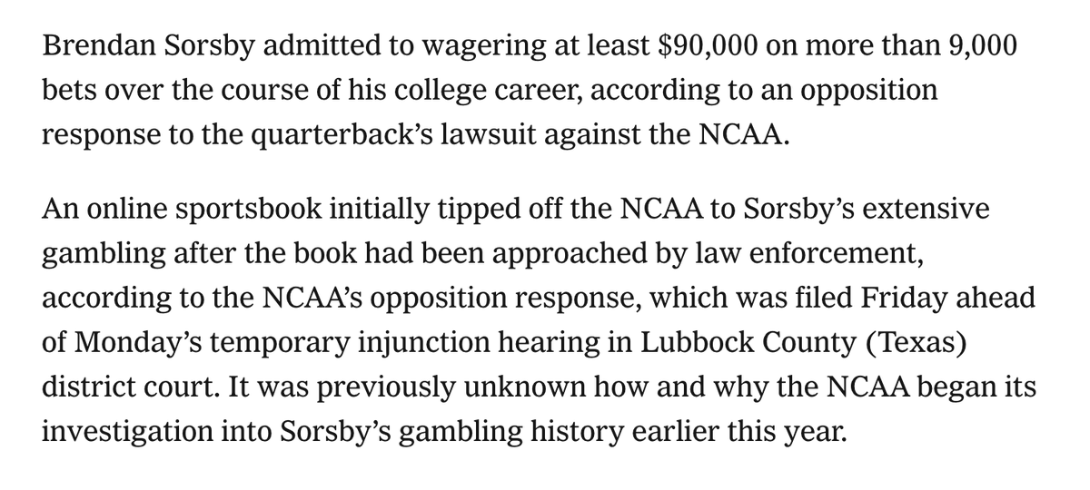 Williams_Justin's tweet photo. Late-nite updates to our headline on the latest filings in Brendan Sorsby's lawsuit vs NCAA.

Sorsby wagered at least $90k on more than 9k bets over his college career. His gambling was flagged by law enforcement, which led to the NCAA investigation.

🔗: https://t.co/oSCB1SImRA https://t.co/wxt1ab4Dvj