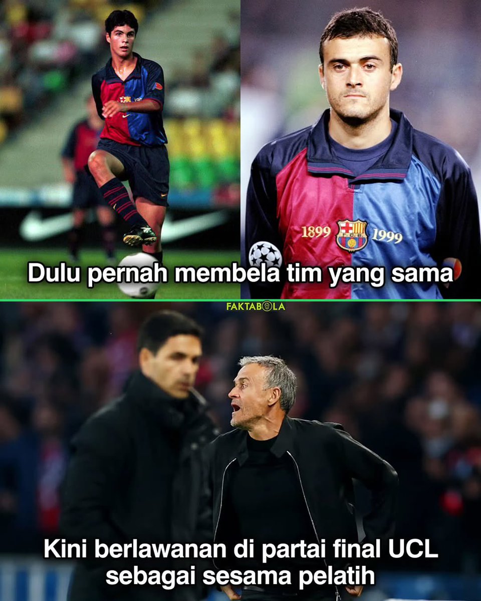 FaktaSepakbola's tweet photo. Sebagai pemain sepakbola, Arteta pernah menjadi pemain dari Barcelona B yang sesekali diajak latihan bareng tim utama Barcelona. Pada saat itu tim utama Barcelona sudah diisi oleh Luis Enrique.

Selama satu tahun mereka berbagi momen yang sama, latihan bersama, untuk Barcelona. Arteta di awal karier sebagai pemain sepakbola, sedangkan Enrique di ujungnya.

Nanti malam mereka akan bersaing memperebutkan trofi UCL sebagai pelatih. Enrique dengan PSG-nya sementara Arteta dengan Arsenal-nya.