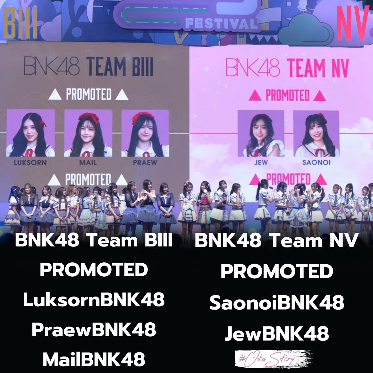 OTAStory's tweet photo. ขอแสดงความยินดีกับน้อง ๆ #BNK48 ทุกคนที่ติดทีมด้วยนะครับ 👏👏👏

BNK48 Team BIII
- LuksornBNK48
- PraewBNK48
- MailBNK48

BNK48 Team NV
- SaonoiBNK48
- JewBNK48

#PonytailtoShushu_1stPerf https://t.co/VzKzhVsiEX