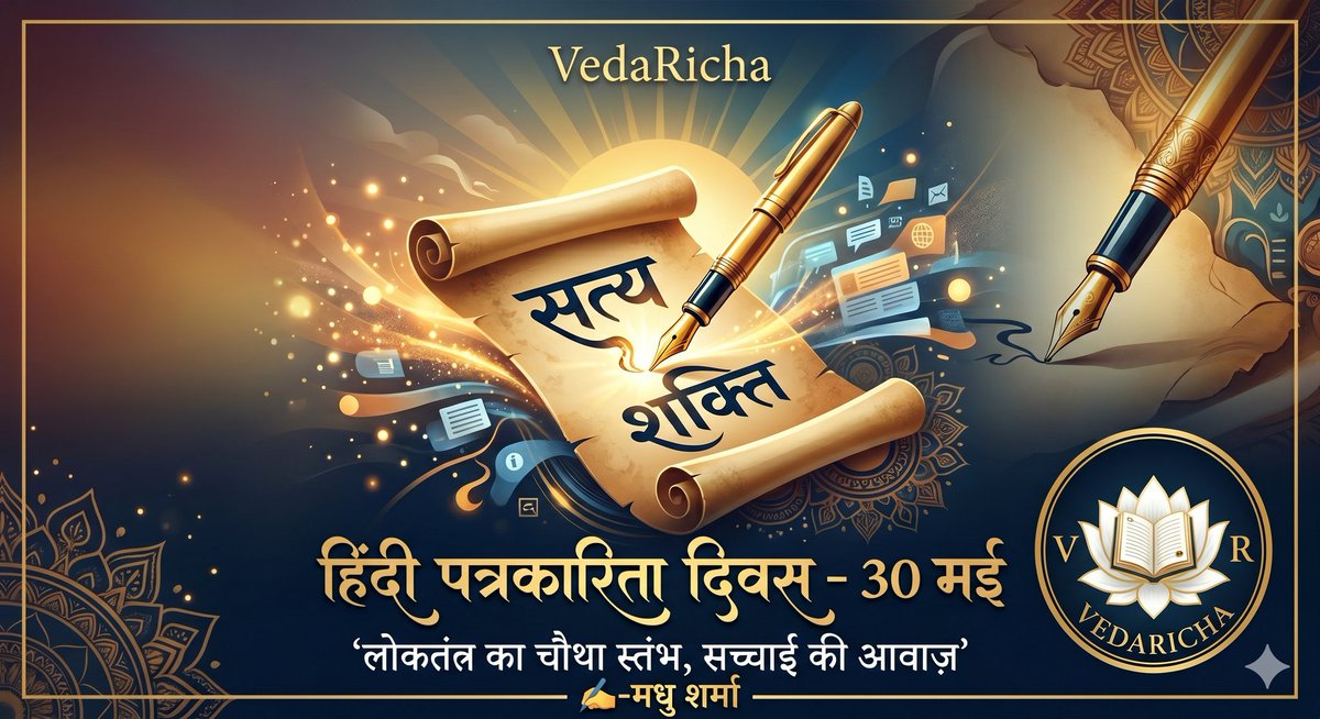 VedaRicha's tweet photo. जब लेखनी बने अंगार,
तब होता तिमिर संहार।
जनचेतना को जगाने, मातृभाषा हिंदी को वैश्विक गौरव दिलाने और सत्य की मशाल को प्रज्वलित रखने वाले भाई @VijayVst0502 जी और सभी कर्मठ पत्रकारों को हिंदी पत्रकारिता दिवस की आकाश भर शुभकामनाएँ! 🙏
✍️- मधु शर्मा
#HindiDiwas
#HindiJournalismDay https://t.co/ePZuJVDkxL