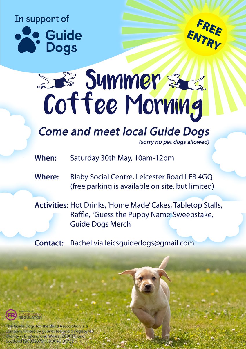 LeicsGuideDogs's tweet photo. Today 10am-12noon we will be hosting our annual Coffee Morning at #Blaby Social Centre. This event is free and we will be selling hot drinks, homemade tray bakes, @guidedogs merchandise, donated new items as well as having a raffle and Guess the Puppy's Name. #GuideDogsUK https://t.co/IUhNZRa6HF
