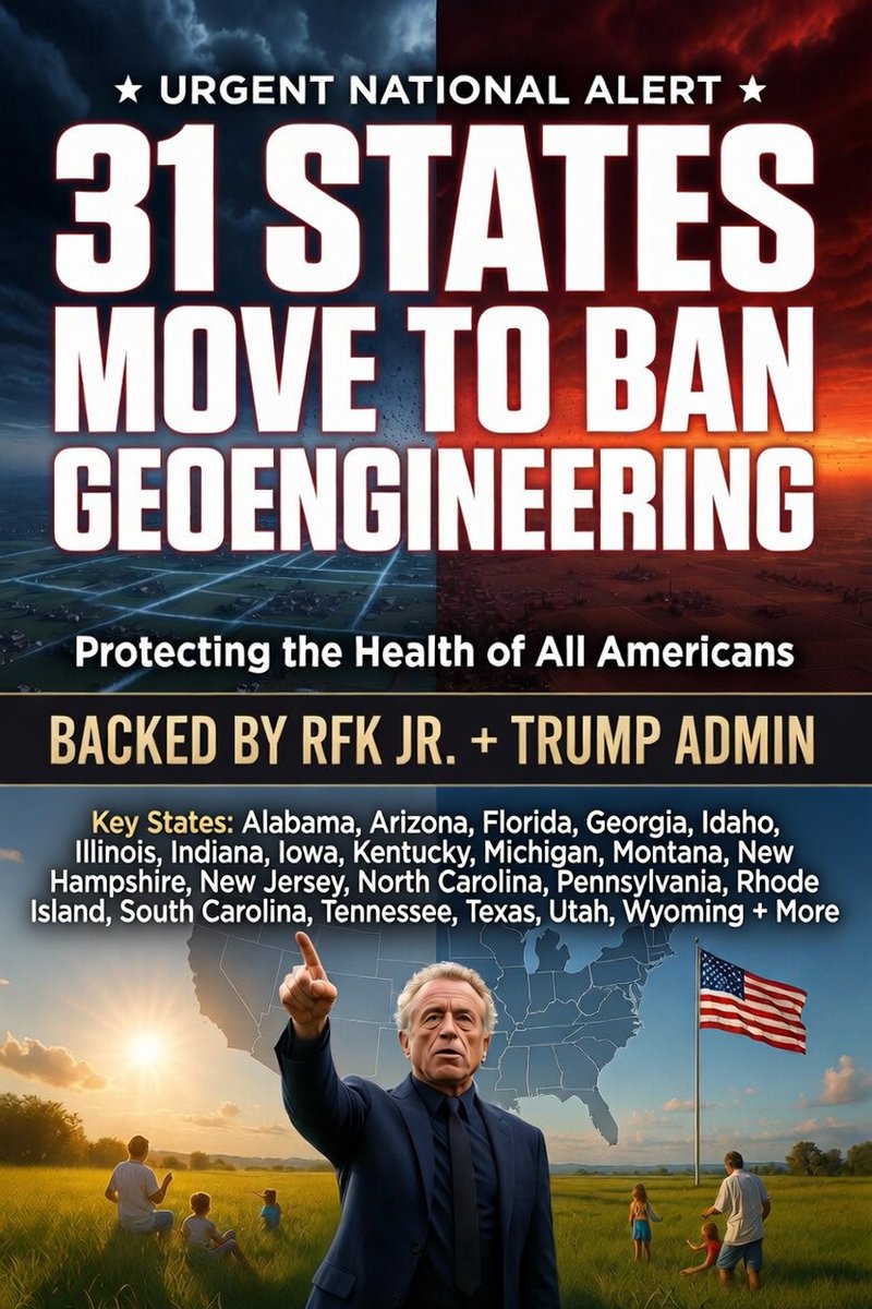 ValerieAnne1970's tweet photo. 31 STATES RISE UP — RFK JR. & TRUMP ADMIN BACK MASSIVE PUSH TO BAN GEOENGINEERING & PROTECT AMERICAN HEALTH!

America is fighting back against the toxic assault from above!

31 STATES have now introduced legislation to OUTLAW geoengineering, weather modification, and aerial chemical spraying programs.

These operations have dumped heavy metals, aerosols, and toxins into our skies for years — contaminating the air we breathe, the water we drink, the soil we grow food in, and harming our children’s developing brains and bodies.

Key states leading the charge include: Alabama, Arizona, Florida, Georgia, Idaho, Illinois, Indiana, Iowa, Kentucky, Michigan, Montana, New Hampshire, New Jersey, North Carolina, Pennsylvania, Rhode Island, South Carolina, Tennessee, Texas, Utah, Wyoming, and many more — a growing nationwide revolt.

Respiratory illnesses exploding. Neurological issues skyrocketing. Crop failures and soil poisoning. Families suffering mysterious health declines. This is biological warfare on the American people — and it stops NOW.

With the Trump administration’s support and Robert F. Kennedy Jr. at HHS sounding the alarm and vowing action, this is our moment. No more silent skies filled with poison. No more experimenting on unaware citizens.

RECLAIM OUR SKIES. BAN GEOENGINEERING. PROTECT THE HEALTH OF ALL AMERICANS — FROM COAST TO COAST.