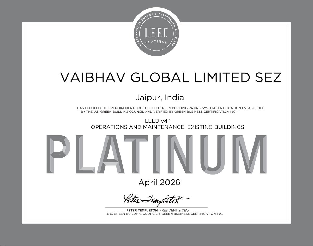 VglGroup's tweet photo. Vaibhav Global's Jaipur SEZ facility has been recertified LEED v4.1 Platinum (O+M: Existing Buildings) — the highest certification awarded by the U.S. Green Building Council.
We first achieved Platinum in 2020. Recertifying under the tougher v4.1 standard in 2026 shows that sustainability at VGL is built into how we operate, not just how we build.

A proud moment on our ESG journey.

@ShopLCTV @TJCSHOPPING @shoplcgermany @IdealWorldTV @Mindfulsoulscom 

#LEED #LEEDPlatinum #ESG #Sustainability #GreenBuilding #USGBC #VGL