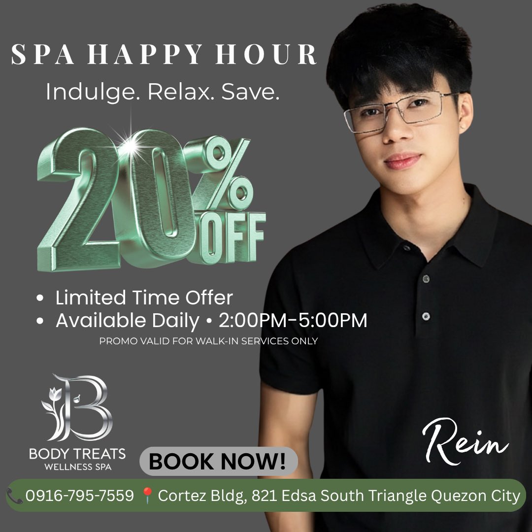 bodytreatsQC's tweet photo. Saturday is calling… and it sounds like relaxation 😏✨
Why wait for stress to disappear when you can leave it behind today?
💚 20% OFF for walk-in services only from 2pm - 5pm today.
#SaturdayVibes #SpaHappyHour #WeekendRelax https://t.co/Vf4B2houL9
