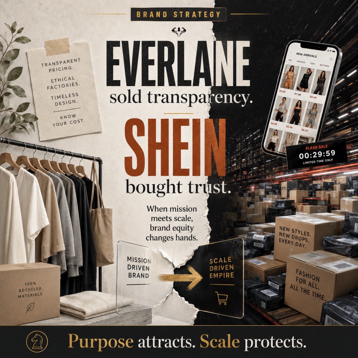 500PoundMedia's tweet photo. Everlane sold transparency. Shein bought trust.

That’s the real lesson behind this deal.

Everlane spent years building a brand around ethics, sustainability, and radical transparency.
Shein built a global engine around speed, affordability, and scale. https://t.co/BircGnDPg6