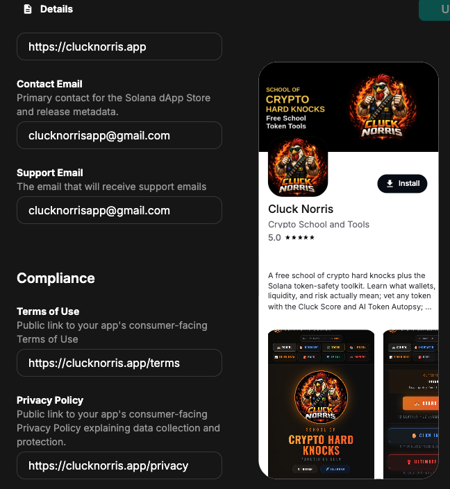 FireChicken007's tweet photo. Cluck Norris has been submitted to the Solana dApp store.... pending verification... now we wait... @BagsApp @BagsHackathon https://t.co/na299Ac8Em