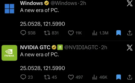 stevechenning's tweet photo. We're entering a new era for personal computers. 

The coordinates 25.0528, 121.5990 point to Taipei, Taiwan where NVIDIA will make a big announcement at Computex next week. 

This is NVIDIA teasing their upcoming Arm-based N1/N1X laptop chips, powerful AI PCs, and a fresh chapter in Windows laptops with strong built-in graphics and AI capabilities.

Follow the money.