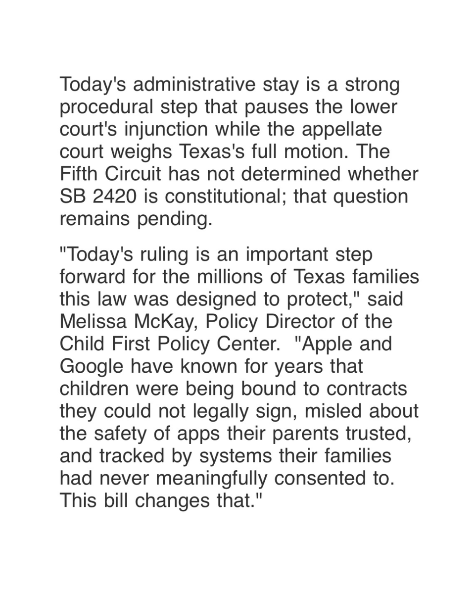 ChildFirstPC's tweet photo. Texas's App Store Accountability Act is back in effect. Apple and Google must now verify ages and get parental consent before kids can download apps. Utah started it. Now four states have passed it. This is how change happens. https://t.co/ehOVZ7atPD