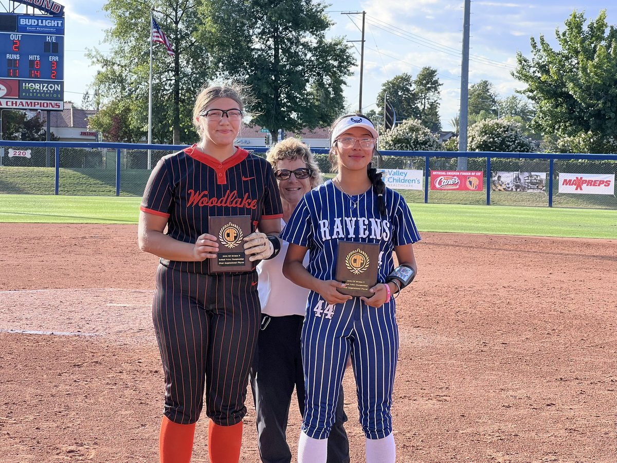 CifCentral's tweet photo. Congratulations to Woodlake on its third consecutive Section title, an 11-1 victor over Cal City in Division V. Tigers pitcher Marriah Ellis threw a no-hitter. The Ravens, seeded 10th, represented with mascot in tow. Thank you, friends &amp; family! 👏🥎🤩🏆🏆🏆 https://t.co/Uw0gjpeqEs