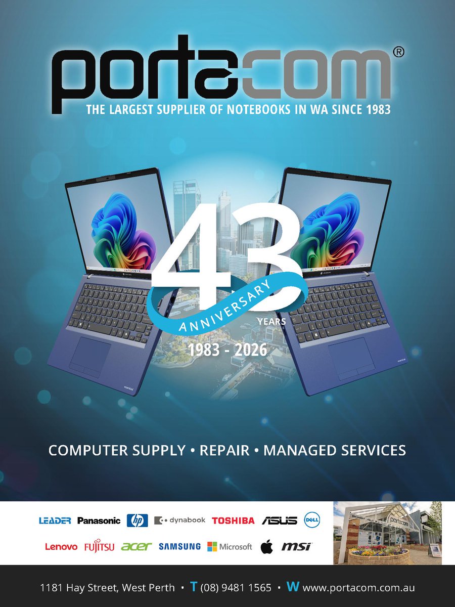 PORTACOM's tweet photo. Portacom West Perth turns 43 today!
Thank you to all our valued clients and staff since 1983...
#computer #laptop #perth #business https://t.co/Jn28rQHrcF