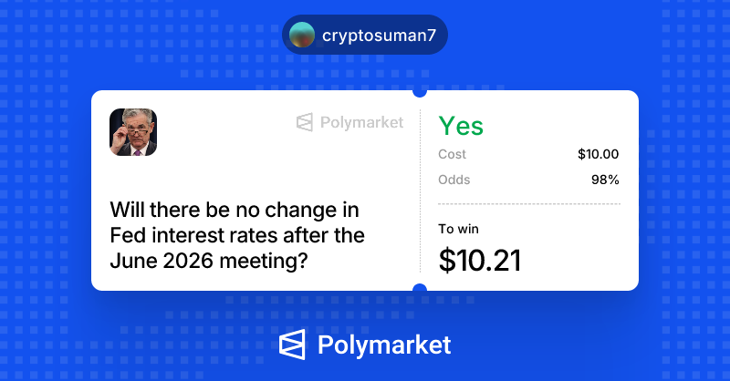 Crypto_suman7's tweet photo. Taking the boring trade today 😑

Fed rate decision market.

Bought:
NO CHANGE 😏

98% odds.

Not every bet needs to be a moonshot 🙂

Sometimes the best trades are the ones that let you sleep peacefully 😴💤

Anyone else playing Fed markets on @Polymarket ? https://t.co/vi1AdkP7KS