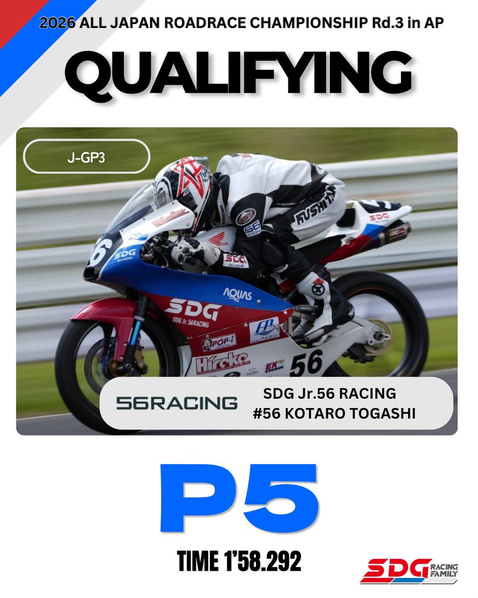 全日本ロードレース選手権第3戦 in AP 5月30日 予選結果 SDG Jr