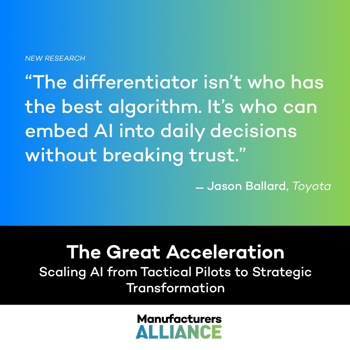 MfrsAlliance's tweet photo. New research shows that the companies making real progress with AI aren’t just focused on tools and technology, they’re focused on building confidence across their workforce, from shop floor to leadership. Check out more traits of leading manufacturers: https://t.co/SmhyurfApV. https://t.co/vFHM8cUH9O