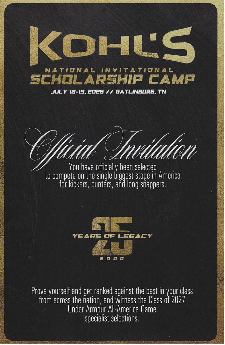 dcreece10's tweet photo. Looking forward to competing in the @KohlsKicking  National Invitational Scholarship Camp in July!

@BrookwoodFTBL 
@RecruitBwood 
@CoachFoster16 
@StClark30 https://t.co/FEcXv09hto