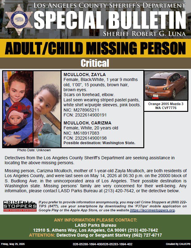 LASDHQ's tweet photo. #LASD is Asking for the Public’s Help Locating Critical Missing Adult/Child, Carizma &amp; Zayla Mculloch #LosAngeles

https://t.co/Tih5kNCtxB https://t.co/vLPucU9VPo