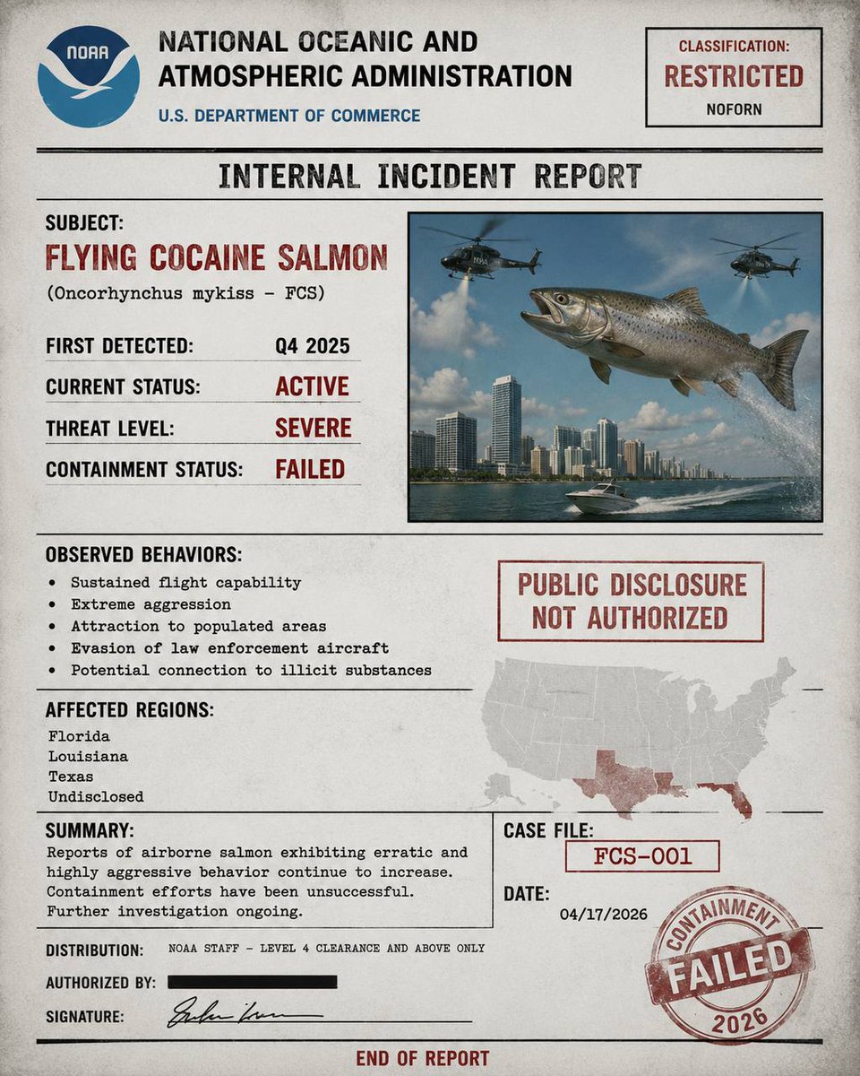 FCSSalmon's tweet photo. 🚨 LEAKED NOAA DOCUMENT 🚨

They told us the Flying Cocaine Salmon weren’t real.

Then this report surfaced.

Containment Status: FAILED

Authorities refuse to comment.

#FCS $FCS https://t.co/YJkNmTLiRx