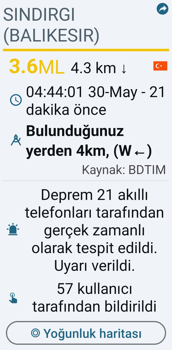 _chp_1905GS's tweet photo. #deprem M3.6,  SINDIRGI (BALIKESIR). Deprem Ağı uygulaması aracılığıyla bildirildi. @SismoDetector gerçek zamanlı #deprem uyarılarını almak için uygulamayı https://t.co/Cq4TY6PohH adresinden indirin. https://t.co/jaxnW7pIWY