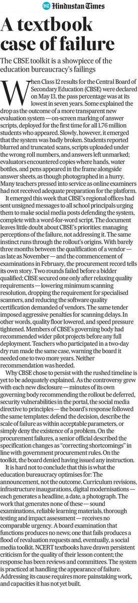 MeSanjayy's tweet photo. HT Editorial on CBSE's OSM system: 'A textbook case of failure': "..CBSE’s priorities: managing perceptions of the failure, not addressing it...It is hard not to conclude that this is what the education bureaucracy optimises for: The announcement, not the outcome" https://t.co/X4T9DiQT5b