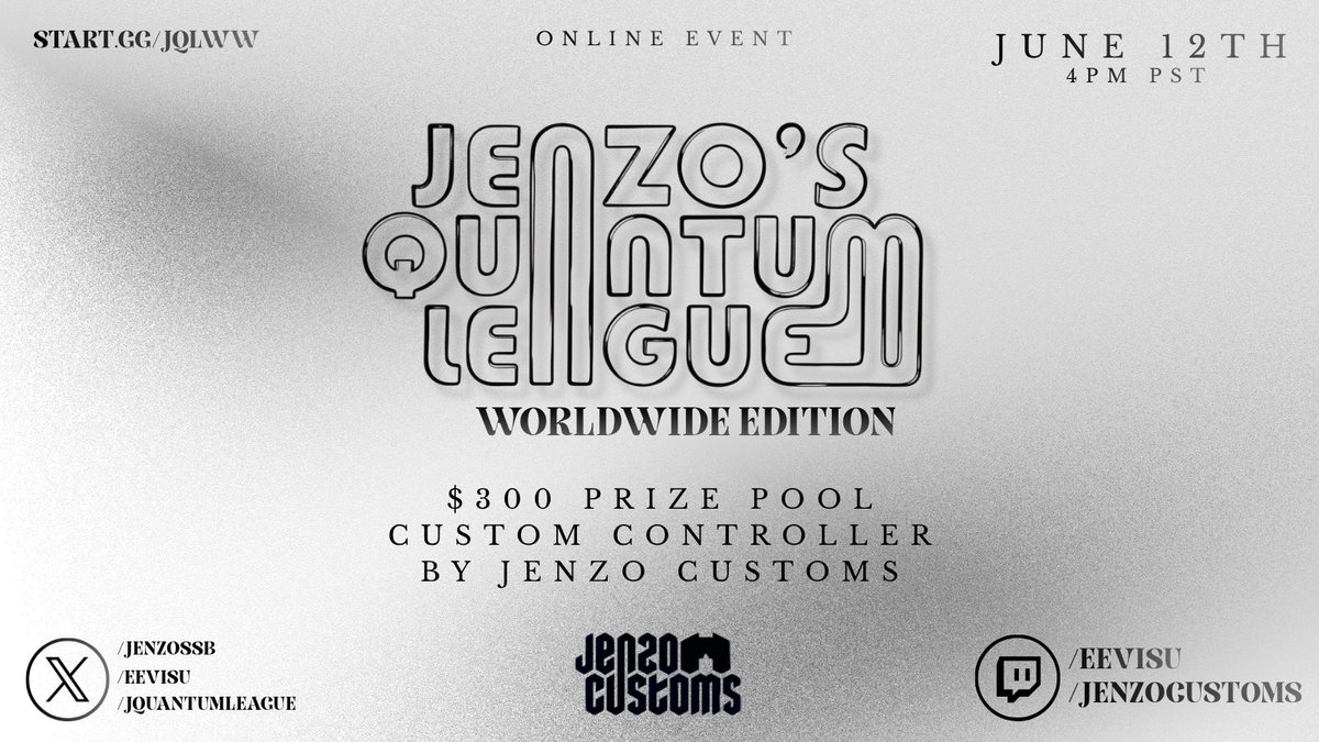 JQuantumLeague's tweet photo. We’re happy to announce Jenzo’s Quantum League Worldwide Edition, partnering with @EEvisu , on June 12th 4pm pst, winner gets $300 and a fully customisable GameCube controller by @Jenzossb.💎 https://t.co/j5VkFXGH7k