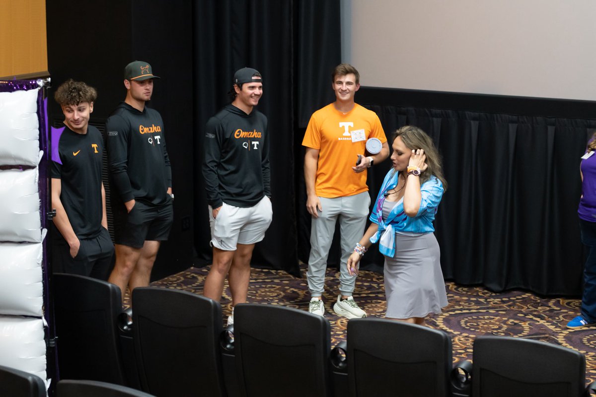 RedKav's tweet photo. Here’s some positive Vol Baseball content for your feed. This is one of my favorites from the movie night at Athens Movie Palace. The great personality in all of these guys- their faces say it all.  Reese Chapman, Tegan Kuhns, Stone Lawless, and Evan Russell. https://t.co/7d0oYT07ck