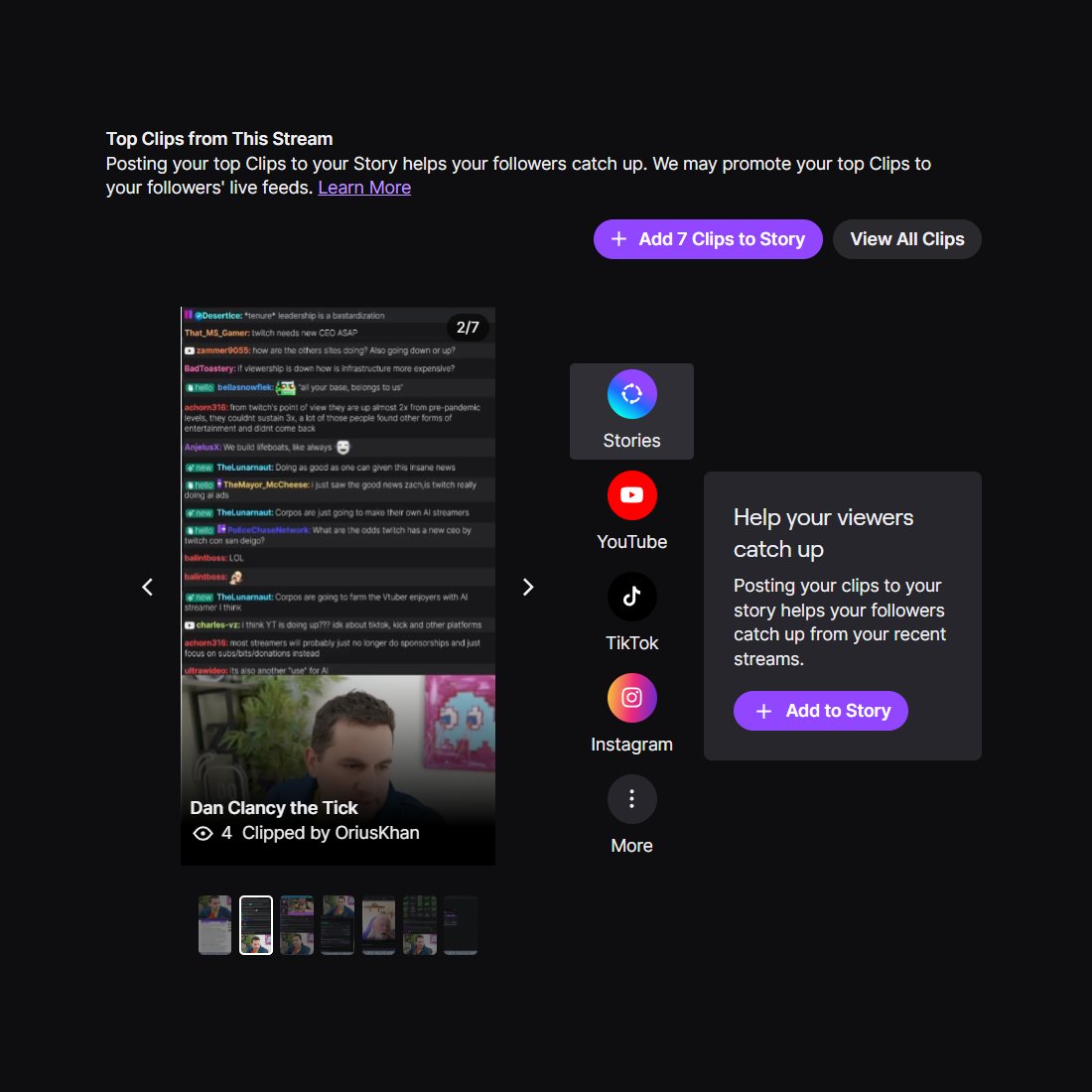 zachbussey's tweet photo. Twitch's Stream Summary now encourages streamers to add all their clips from the stream to Stories. 

The goal appears to be helping viewers "Catch Up" if they miss a stream and increasing demand for the Stories feature, which few use beyond saying they are going live. https://t.co/SSFJIImKmU