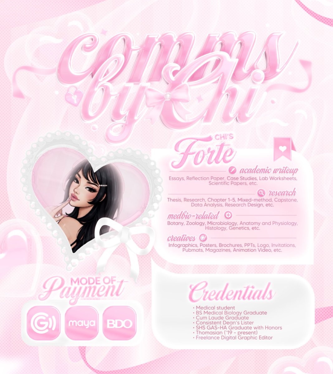commsbychi_'s tweet photo. 🎀˚ · . 𝑪𝒓𝒂𝒇𝒕𝒆𝒅 𝒃𝒚 𝑪𝒉𝒊, 𝑳𝒂𝒄𝒆𝒅 𝒘𝒊𝒕𝒉 𝑳𝒐𝒗𝒆 ⋆𐙚 ̊.

Where pink ribbons weave through every design and sparkles add the perfect touch. Each creation is crafted with heart, wrapped with love, and laced with intention. Just like the art of healing, every creation is made with purpose and precision —from the heart of a medical student and graphic designer. ⋆ ˚｡⋆౨ৎ˚

ೀ works: #ChiCreates
ೀ feedback: #ChiVouches | @chivouches_
ೀ updates: #ChiStatus
ೀ portfolio: https://t.co/J0qzqoVdNb