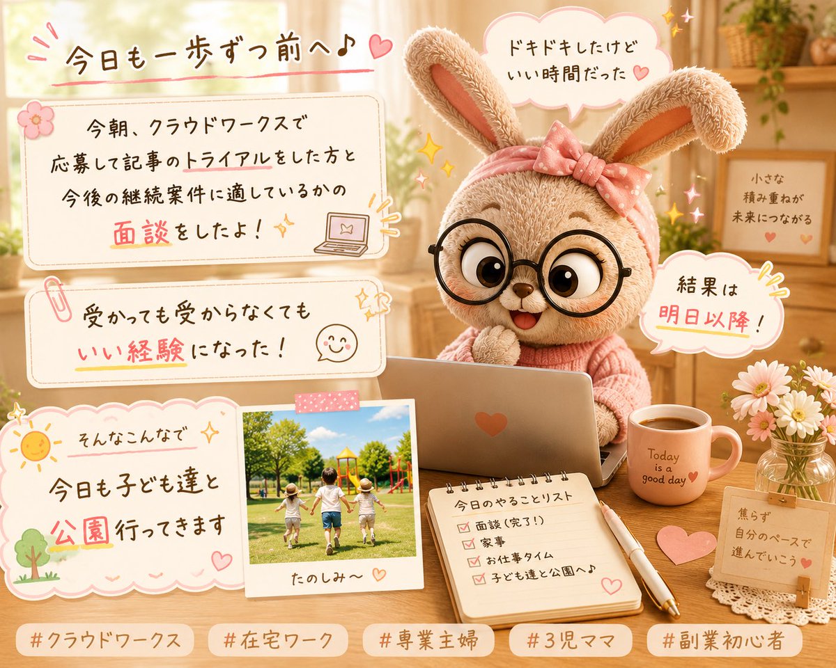 anne_popo746's tweet photo. 今朝、クラウドワークスで
応募した案件の面談をしました📝

結果は明日以降！
受かっても受からなくても
すごく良い経験になった✨

そんなこんなで
今日はあつーいですが
子ども達と公園へ🛝☀️

#クラウドワークス #在宅ワーク #専業主婦 #3児ママ #副業初心者 https://t.co/FJTHD1B7Fu