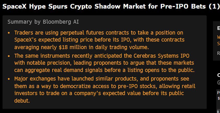 D2_Finance's tweet photo. Bloomberg calls it a shadow market.

The point of our work is that it isn't a shadow anymore, thanks to @HyperliquidX. It is a measurable, auditable tape that trades in emerging hedge fund size, like us. Tens of millions in open interest and growing.

Their summary credits the perps with anticipating Cerebras with 'notable precision,' and we put the number on it: 94bp at the open, converged inside 30 minutes.

The Bloomberg charts draw on data processed through our empirical pipeline alongside Hyperliquid feeds. We applied lead-lag estimators and a 3-state Gaussian HMM to the observed spread, primarily for regime detection and meta-labelling rather than direct forecasting.

The convergence is consistent with efficient onchain price discovery for a newly liquid pre-IPO instrument.

None of it exists without @tradexyz, who shipped the perp on Hyperliquid. The marketing premium couldn't become a tradable tape until someone built the venue.

They built it. We measured it. Bloomberg ran it. That's the stack.

We are applying the same process to the SpaceX observation window.

Institutional participants seeking methodology details or data access are welcome to DM.
