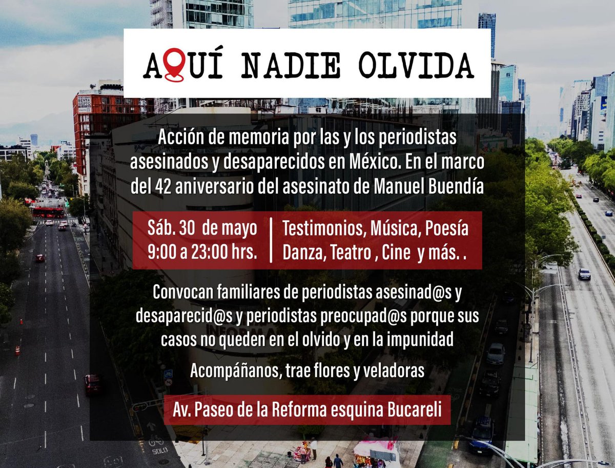 temoris's tweet photo. En el aniversario del asesinato de Manuel Buendía, realizaremos una acción de memoria por las y los periodistas asesinados y desaparecidos en México.

Sábado 30 de mayo, de 9 a 23 hrs. en la Esquina de la Información (Reforma y Bucareli, CDMX).

Yo participaré entre 10 y 12. https://t.co/Z2dbMOSySQ
