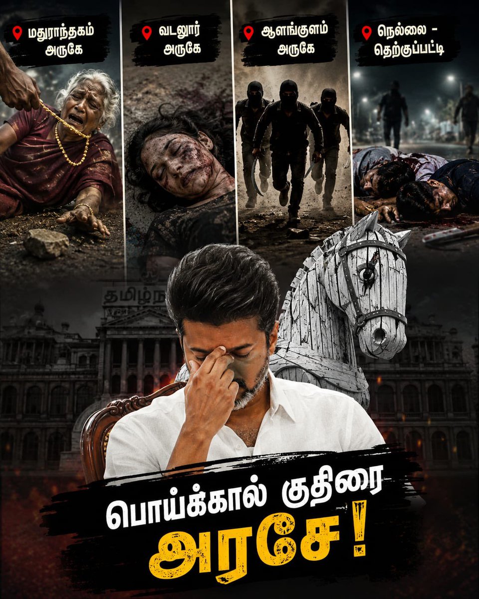 AIADMKITWINGOFL's tweet photo. மதுராந்தகம் அருகே  75 வயது மூதாட்டியை கழுத்தில் இருந்த நகையை பறித்து - கீழே தள்ளி தலையை கல்லில் மோத வைத்து கொலை செய்த தவெக நிர்வாகி.

வடலூர் அருகே முகம் சிதைந்த நிலையில் 25 வயது இளம்பெண் முகம் சிதைந்த நிலையில் சடலமாகக் கண்டெடுப்பு.

ஆலங்குளம் அருகே முகமூடி அணிந்த நபர்கள் 6 இளைஞர்களை அரிவாளால் வெட்டிவிட்டு தப்பியோட்டம்.

நெல்லை - தெற்குப்பட்டியில் சாலையில் நின்று கொண்டிருந்த 2 இளைஞர்களை அரிவாளால் சரமாரியாக வெட்டிவிட்டு தப்பியோடிய மர்ம கும்பல்.

பொய்க்கால் குதிரை அரசே!
இதுக்கு பேர்தான் நீங்க சொன்ன அந்த மாற்றமா?

மாற்றம்,புதிய அரசியல் அப்டின்னு பக்கம் பக்கமா வசனத்தை, பேப்பரை பார்த்து மனப்பாடம் செஞ்சு ஒப்பிச்சு ஆட்சியை பிடிச்ச இந்த பொய்க்கால் குதிரை அரசின் முதல்வருக்கு சட்டம் ஒழுங்கு அப்டினா என்னனாச்சும் தெரியுமா?

​குற்றவாளிகளுக்கு சட்டத்தின் மீதோ, காவல்துறை மீதோ துளிகூட பயமில்லை! ஆனா நடவடிக்கை எடுக்க வேண்டிய அரசு ஒண்ணுமே பண்ணாம Silent mode-ல வாய்மூடி மௌனியா வேடிக்கை பார்த்துட்டு இருக்கு! 

​வெறும் PR பில்டப்களால் மட்டும் ஒரு மாநிலத்தை ஆள முடியாது என்பதை இந்த பொய்க்கால் குதிரை அரசு உணர வேண்டிய நேரம் இது.

அதுனால @actorvijay சார்!
PR பில்டப்-லாம் போதும்,
முதல்ல தமிழ்நாட்டையும்,
உங்கள நம்பி ஓட்டு போட்ட மக்களோட பாதுகாப்பையும் கொஞ்சம் பாருங்க.

#பொய்க்கால்_குதிரை_அரசு
