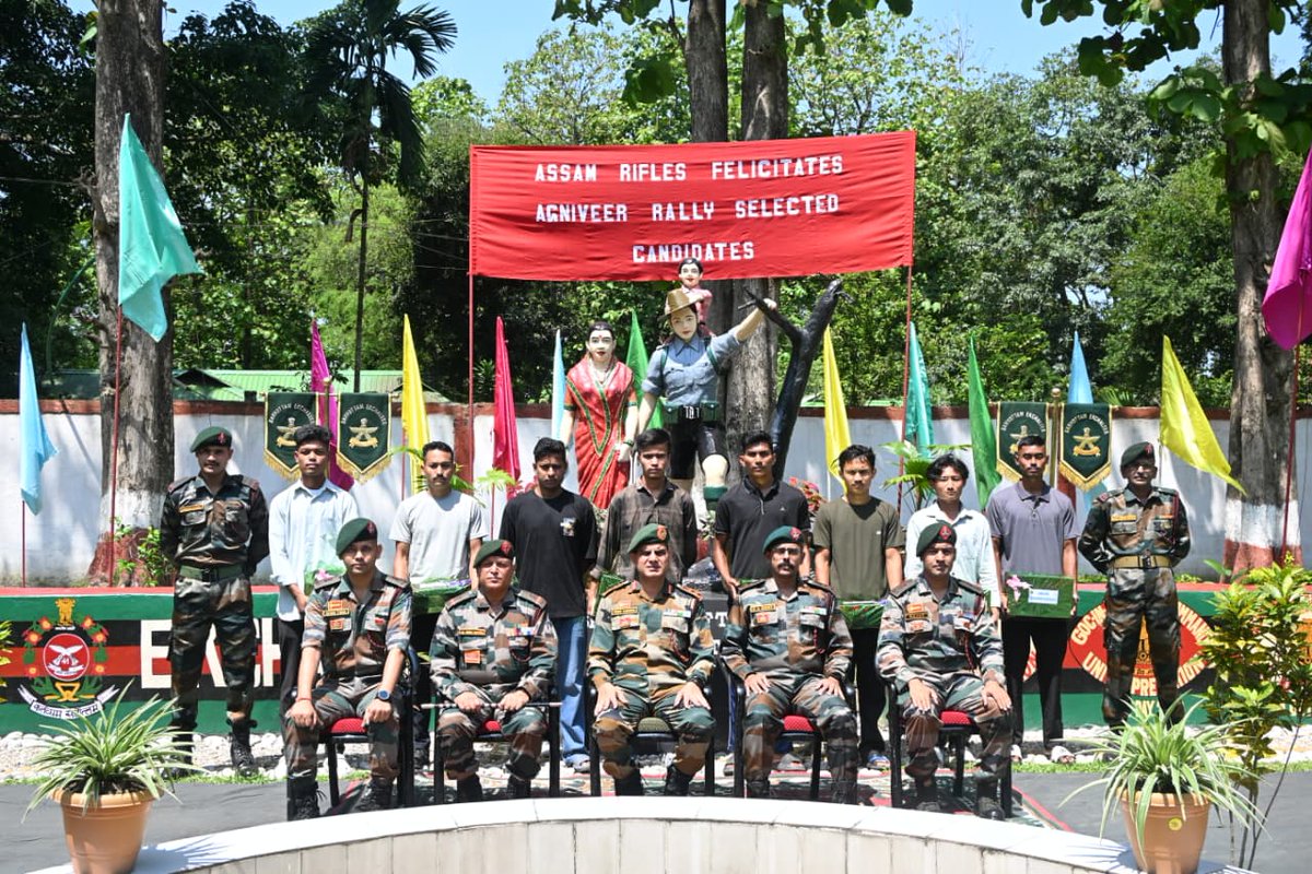 official_dgar's tweet photo. ASSAM RIFLES FELICITATES AGNIVEER SELECTED CANDIDATES AT LOKRA, ASSAM
Lokra Battalion of #AssamRifles organised a felicitation ceremony at Lokra, Sonitpur, Assam on 29 May 2026 to honour local youth who were recently selected as Agniveers in the Indian Armed Forces after undergoing pre-recruitment training conducted by Assam Rifles. The selected candidates had earlier received free written academic coaching, physical training and mentorship from Assam Rifles during their preparation phase. The initiative was undertaken with the aim of guiding and empowering local youth aspiring to join the Armed Forces and other security organisations.

#friendsofthenortheast #sentinelsofnortheast #OperationalReadiness #CommunityFirst #NationFirst #ServiceBeforeSelf #GuardiansOfTheNation

@HMOIndia @adgpi @PIBHomeAffairs