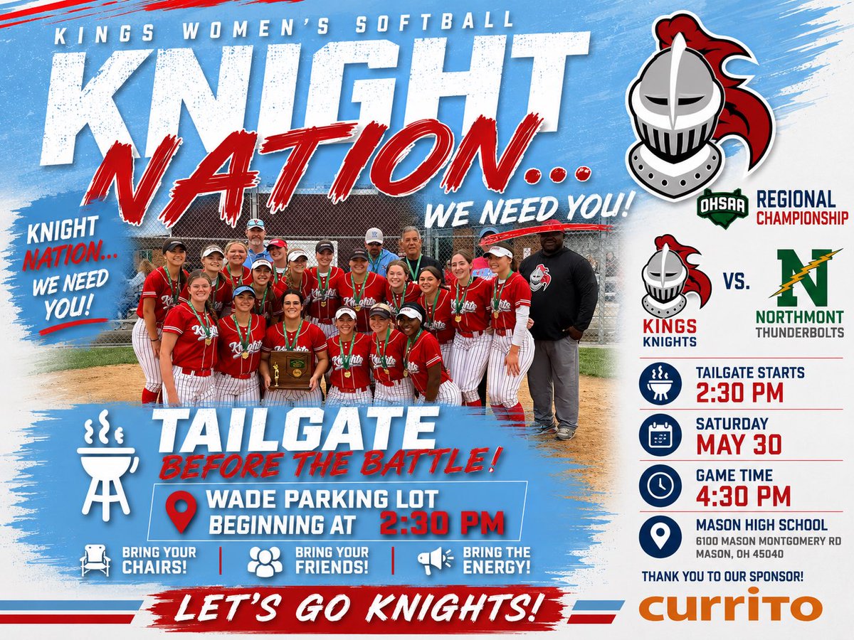 kingsathletics's tweet photo. It’s time Knight Nation. We need you!  Kings Softball plays in the REGIONAL CHAMPIONSHIP game Saturday at 4:30pm at Mason HS. We will have a tailgate tomorrow at 2:30pm. See you there! #KingsStrong https://t.co/afhPzPxw8r