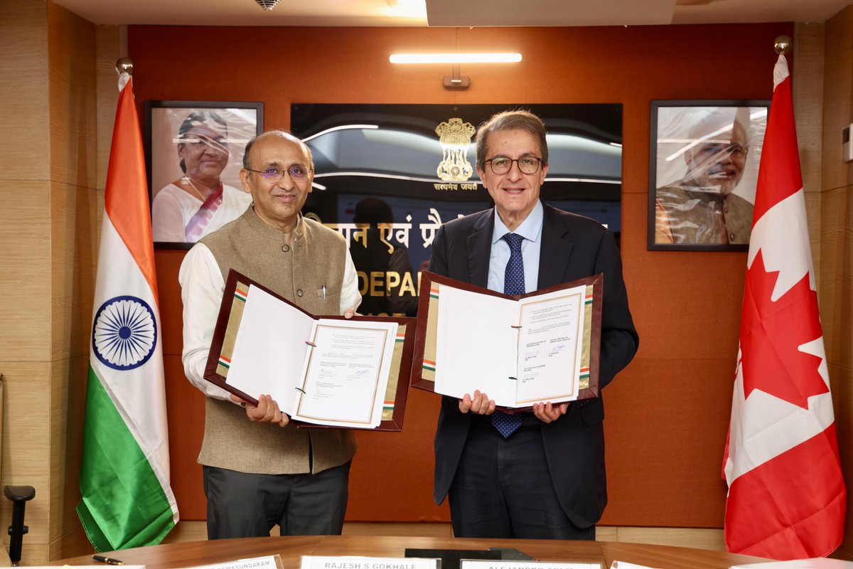 IndiaDST's tweet photo. Dr. @rajesh_gokhale, Secretary, @IndiaDST and Dr. Alejandro Adem, President, @NSERC_CRSNG, signed an Implementation Arrangement (IA) during the 8th India–Canada Joint Science and Technology Cooperation Committee (JSTCC) Meeting.

The Implementation Arrangement has been established among the @IndiaDST, @DBTIndia and @NSERC_CRSNG of Canada to strengthen bilateral cooperation in science, technology and innovation in areas of mutual interest.

The IA will provide a collaborative framework to explore new opportunities in joint research, exchange visits, training of postgraduate students and postdoctoral researchers, and innovation-led initiatives in priority and emerging areas of natural sciences and engineering, aligned with the national priorities of both India and Canada.

@DrJitendraSingh @MEAIndia @CanadainIndia @HCI_Ottawa @CSIR_IND @GoI_MeitY @ICMRDELHI