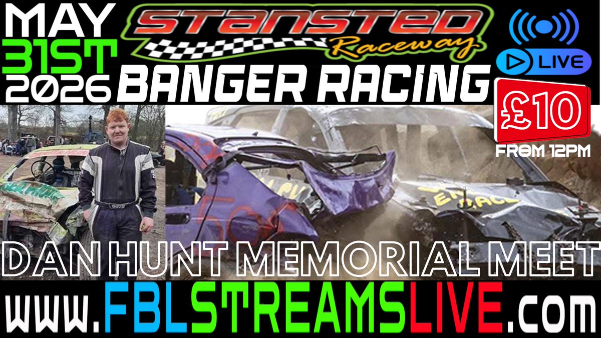 FBLbroadcasting's tweet photo. LIVE TODAY on https://t.co/bxEqSbIYuB!!! Stansted Raceway Banger Racing... DANIEL HUNT MEMORIAL!!! Join us as the Banger Drivers give their respects to Daniel in true Banger Racing Style!!!!! Live from Noon(ish). https://t.co/bxEqSbIYuB https://t.co/3u46lYjQ9A