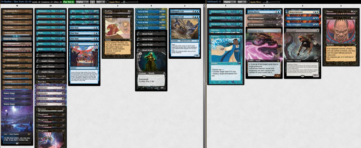 am_usea's tweet photo. Have been experimenting with krabby patties as a way to reduce some of the clunkiness of the synergies in 8-Shadow. Having a faux delve threat that doesn't cannibalize Flow State has been fun to experiment with.
Game plans:
G1 - Black Aggro
SB OTP - UB Flash
SB OTD - UB Control https://t.co/jKNEEy3x7s