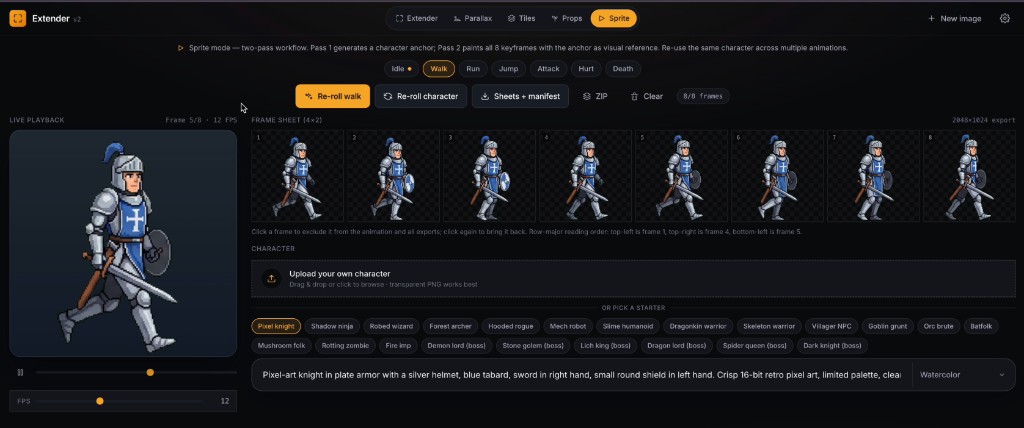 boona11's tweet photo. Open Source: Started as an AI image extender tool. It's now a full 2D game-art studio.

From one prompt: parallax backgrounds, 13-tile autotile sets, sprite animations, and an endless prop library, all engine-ready.

Open source. Fork it and build your own modes 👇 https://t.co/uLuEwasZSz

#gamedev #indiegame