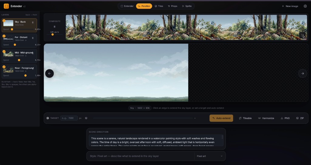 boona11's tweet photo. Open Source: Started as an AI image extender tool. It's now a full 2D game-art studio.

From one prompt: parallax backgrounds, 13-tile autotile sets, sprite animations, and an endless prop library, all engine-ready.

Open source. Fork it and build your own modes 👇 https://t.co/uLuEwasZSz

#gamedev #indiegame