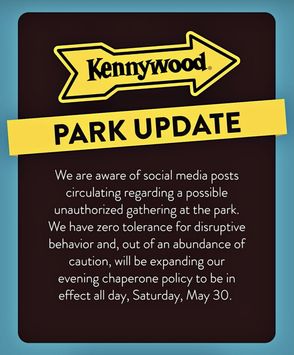 Coaster_Nation's tweet photo. Kennywood is expanding its chaperone policy to remain in effect all day Saturday, May 30, as a precaution following social media posts regarding a possible unauthorized gathering.

MORE: https://t.co/Jaw2tXEewF

#kennywood #pittsburgh @Kenny_Kangaroo https://t.co/gTwHHS4BHl