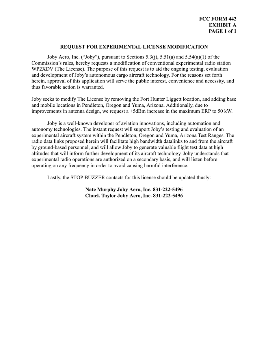 fccfilingalerts's tweet photo. 🚨🚨 $JOBY Joby Aero - FCC Docket 0130-EX-CM-2026

Joby Aero, Inc. requests a modification to its experimental radio station license WP2XDV. The modification seeks to remove the Fort Hunter Liggett location and add base and mobile locations in Pendleton, Oregon and Yuma, Arizona. Additionally, they request a +5dBm increase in the maximum ERP to 50 kW due to antenna design improvements. This request supports the ongoing testing, evaluation, and development of Joby's autonomous cargo aircraft technology, specifically within the Pendleton and Yuma Test Ranges. The radio data links will facilitate high bandwidth communication between the aircraft and ground personnel, generating valuable flight test data. The company also requests updates to the STOP BUZZER contacts, changing them to Nate Murphy and Chuck Taylor.

🔗 https://t.co/SrbmseTRCz.