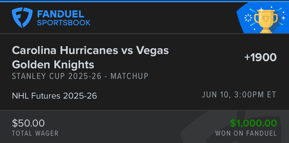 ItsYoaty's tweet photo. Vegas vs Carolina Exacta +1900✅

What a weird playoffs this year. So many blowouts and not many close games. Other than the first round, these playoffs have been very underwhelming. That being said. Cash my third straight year of hitting the exacta for the Cup finals. https://t.co/kGqV00lsyp