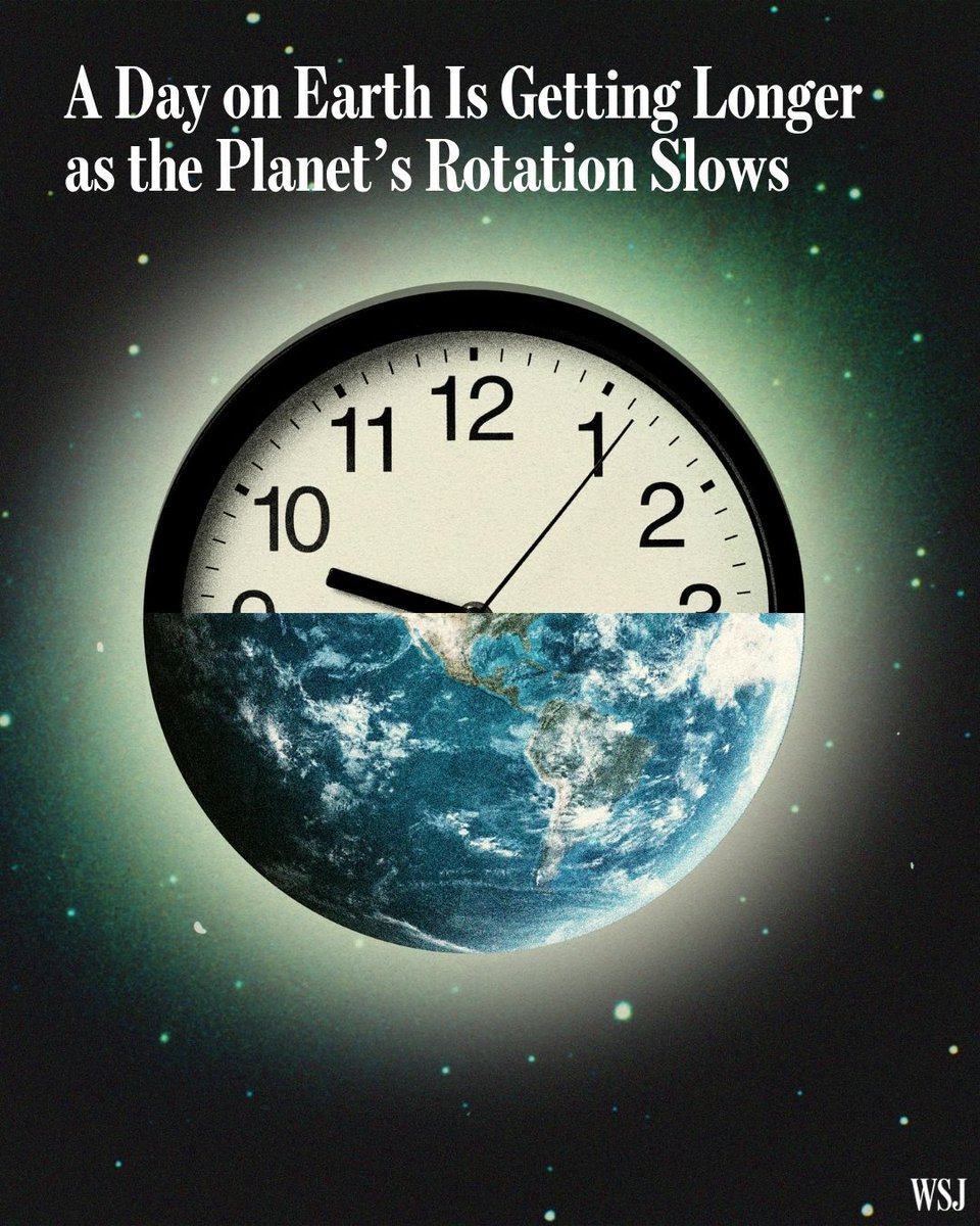 WSJ's tweet photo. Ever feel like the days are dragging on longer? Turns out you’re right. We think of a day as 24 hours, but recent research indicates that days are lengthening—ever so slightly—because the Earth’s rotation is slowing down. 

What’s the culprit? 🔗 https://t.co/wKQpk6mMUQ https://t.co/XTcbrTsg1R