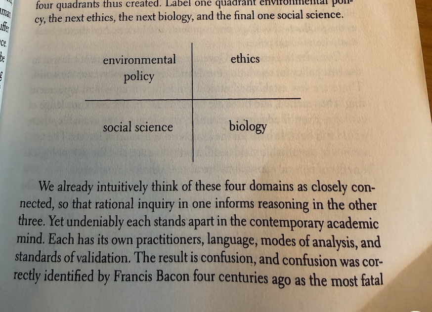 C_Hendrick's tweet photo. The most fascinating book I have read in a long time. It occurs to me that LLMs might actually be the strangest realisation of Wilson's whole project:  ie the kind of cross-disciplinary jumping he wanted,but arrived at by chewing through text rather than by the gene-culture biology he was talking about. So interesting.