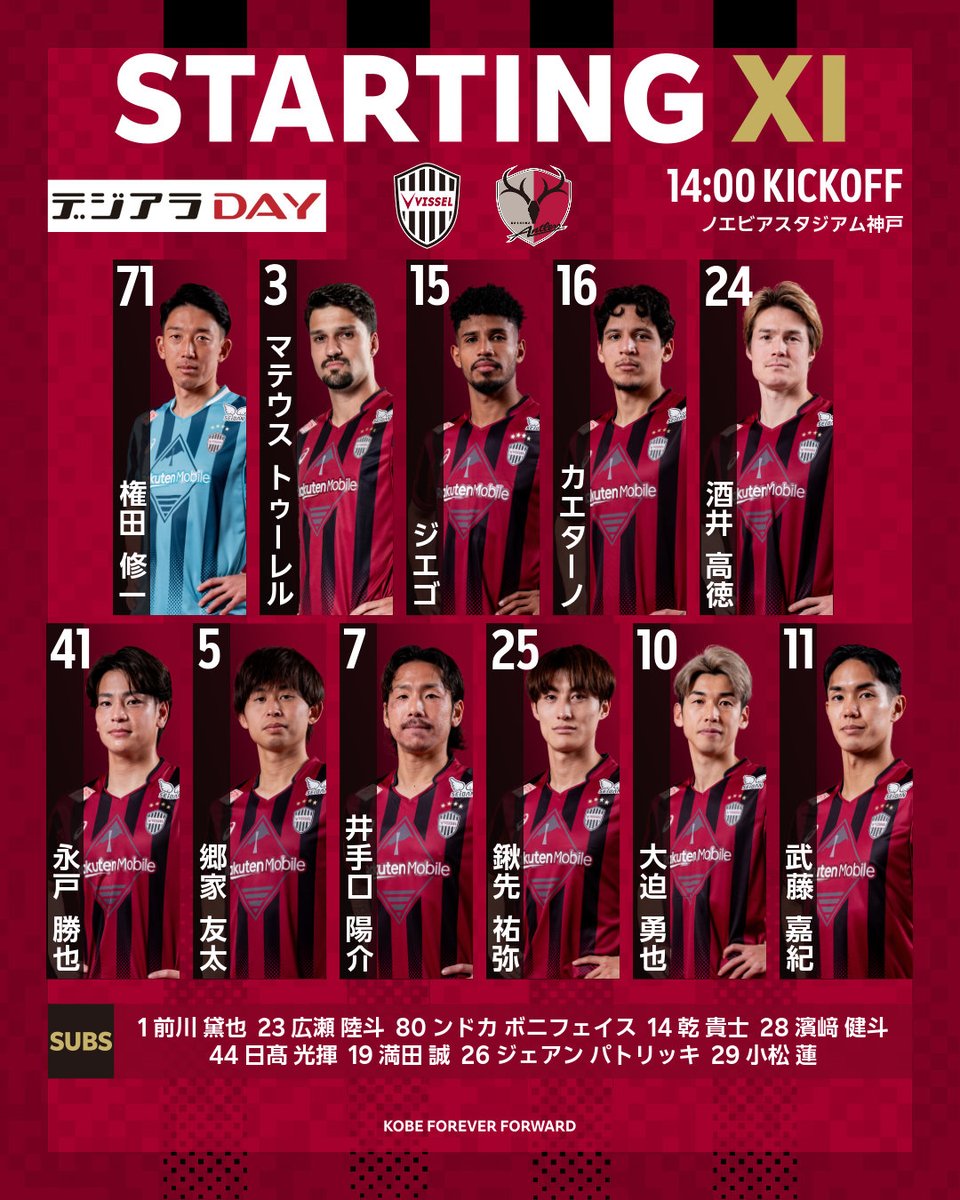 visselkobe's tweet photo. [LINEUP] 

今日はこのメンバーで鹿島アントラーズと戦います！

Here is today's starting lineup against KASHIMA ANTLERS !

試合中継は @DAZN_JPN 📺
視聴は⏩https://t.co/zK724Kp2FE

#visselkobe #ヴィッセル神戸 https://t.co/t9iNIhn7xa